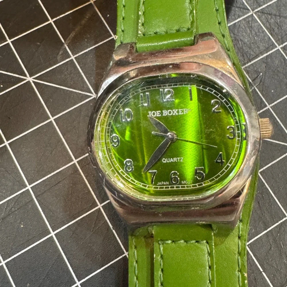 Joe Boxer Womens Quartz Watch Green Sunray Dial Studded Leather Cuff Strap Y2K